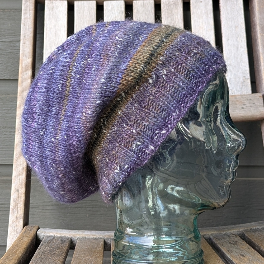 Handmade Colorful Boho Slouch Beanie 100% Wool Purple Green Tan